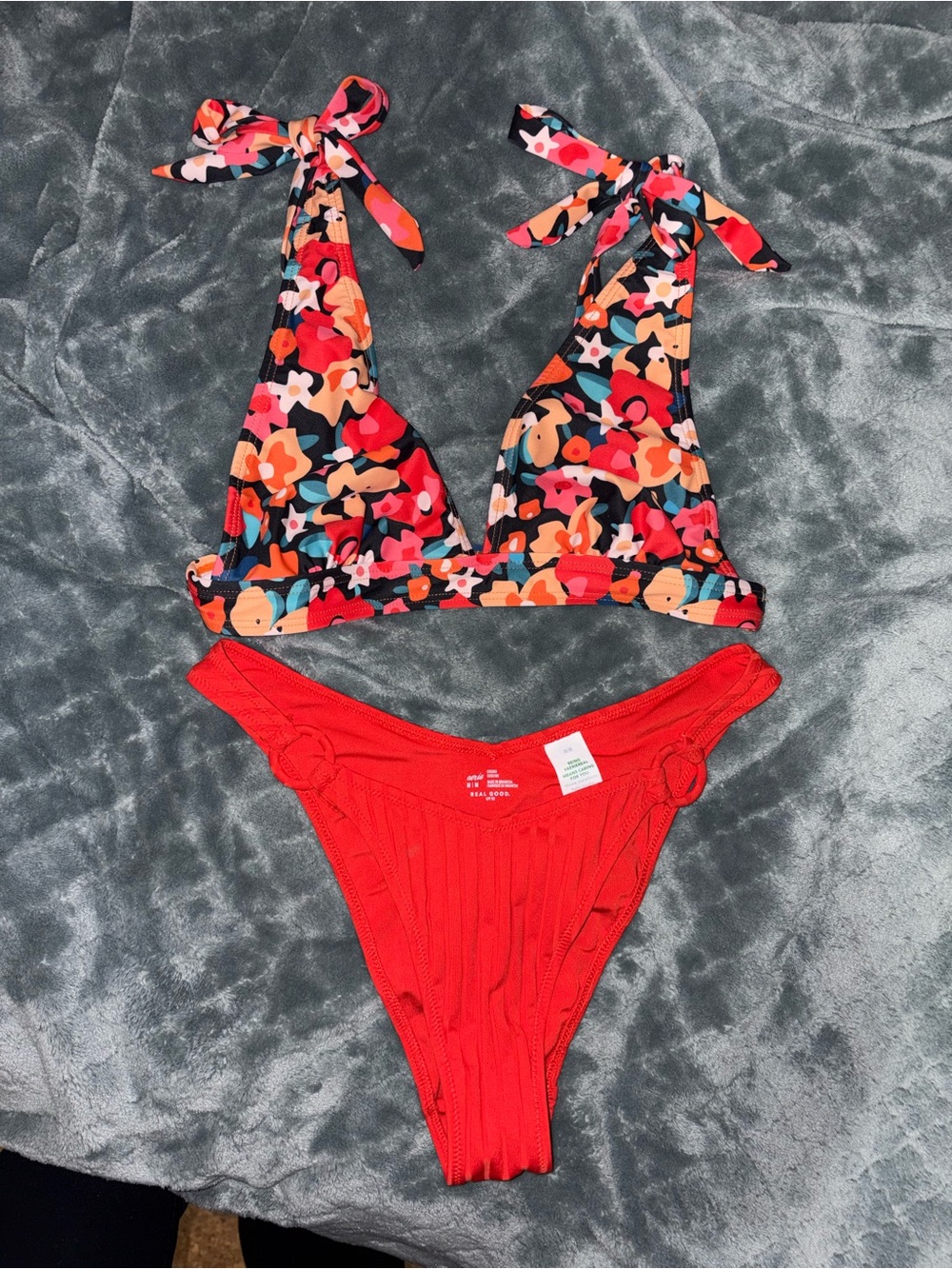 aerie Red Ribbed Bikini Bottom with Floral Trim
